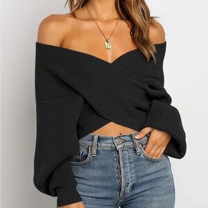 NEW BFTBM Off the Shoulder Ribbed Cropped Criss Cross Sweater, Black, XL
